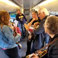 Train car jam on the Amtrak to the Great 48 Jam - photo by Dave Berry