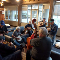 Jam time in the lobby at the 2020 Bluegrass in Superclass - photo by Chris Smith