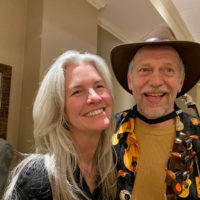 Linda Leavitt with the Oregon Bluegrass Association and Tom Nechville of Nechville Banjos at Wintergrass 2020