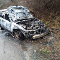 Silas Powell's car following his accident March 9. The car had burst into flames and was extinguished by the fire department.