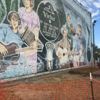 Reapirs being done to brickwork at the site of Tim White's country music mural in Bristol, TN