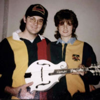 Sim Daley and his then fiancé, Renee Radeke, with the custom mandolin he built her for her birthday