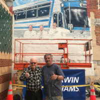 James Easter and Tim White with The Easter Brothers mural in progress in Mount Airy, NC (April 2021)