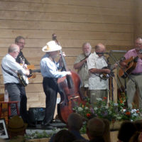 Bluegrass Experience: (l-r) Stan Brown, Keith Thomas, Snuffy Smith, Al McCanless, Mike Aldridge, Jerry Brown at Tommy Edwards' Celebration of Life (June 27, 2021) - photo by Sandy Hatley