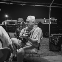 Gary Jones, Sam Shinault, and Dwane Seal at a campsite jam during the Old Fiddlers Convention in Galax, VA (August 10, 2021) - photo by Jeromie Stephens