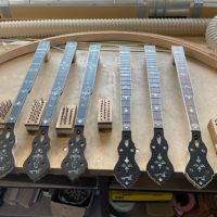 Banjo necks in various stages of completion at Prucha Bluegrass Instruments - photo by Matthew Scutchfield