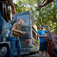 Thomas Cassell (mandolin), The Cleverlys, warming up. Saturday September 4th, 2021. Camp Springs, North Carolina - photo by Jeromie Stephens