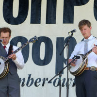 Jeremy Stephens and Daniel Amick on twin banjos with High Fidelity at the 2022 Big Lick Bluegrass Festival - photo by Gary Hatley