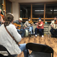 Triple fiddle jam with Matt Flinner, Ben West, John Kael & Annie Staninec, Elise West, Steve Roy and campers.  Photo Kelly Stockwell
