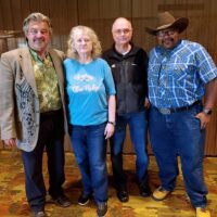 Tim White, Lorraine Jordan, Jeff Brown,and unknown guest at the 2023 Bluegrass in the Blue Ridge - photo by Molly Moore