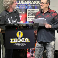 Sam Bush and Joey Black at the IBMA Bluegrass Music Awards press conference, held at SiriusXM in Nashville - photo © Terry Herd