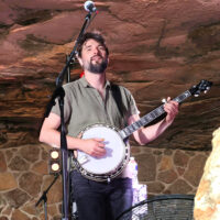 Wes Corbett with Sam Bush at the 2023 Weekend at the Cave - photo © Allison Scavo