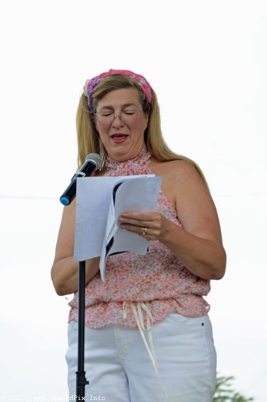 MC Michelle Hoag at the 2023 Brown County Bluegrass Festival - photo © Bill Warren