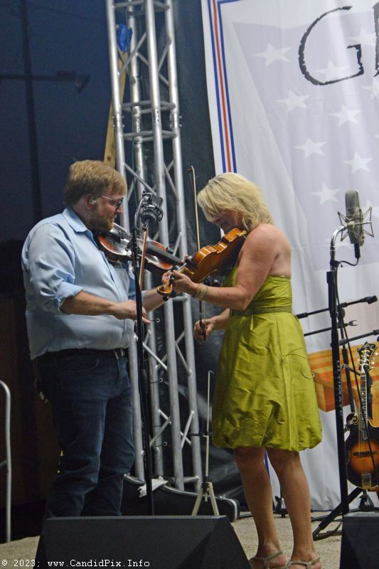 Twin fiddling with Adam Haynes and Rhonda Vincent at the 2023 Brown County Bluegrass Festival - photo © Bill Warren