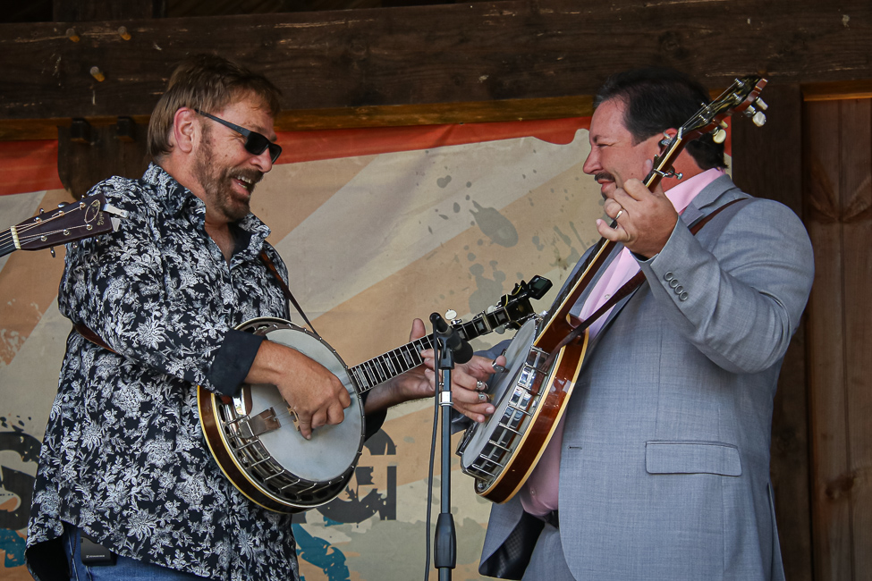 Twin banjos as Ron Stewart sits in with Rhonda Vincent & The Rage at the August '23 Gettysburg Bluegrass Festival - photo © Frank Baker