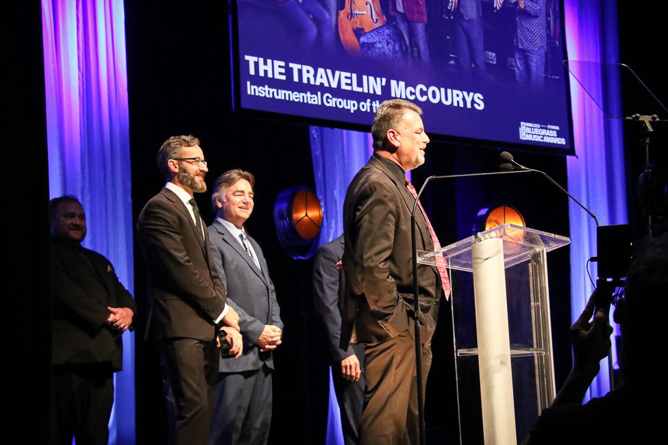 Travelin' McCourys accept Instrumental Group of the Year at the 2023 IBMA Bluegrass Music Awards - photo © Frank Baker