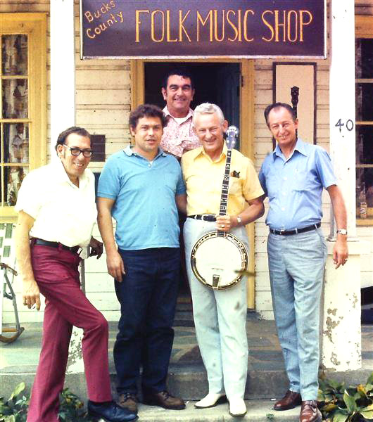 Don Reno, Bill Harrell and band visit the Bucks County Folk Music Shop, @ mid-1970s. L-R, Bill, Karl, Ellis Padgett, Don, and Buck Ryan - photo courtesy Kim Dieterichs