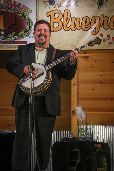 Aaron McDaris with Rhonda Vincent & The Rage at the 2023 Delaware Valley Bluegrass Festival - photo © Frank Baker