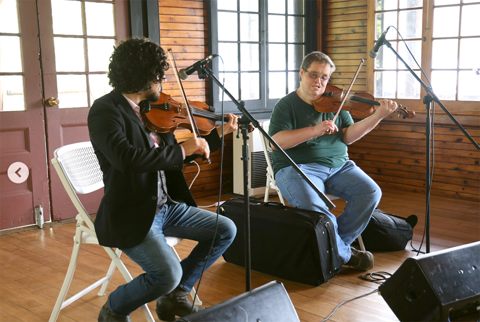 Austin Scelzo and Michael Cleveland fiddle workshop at the debut Bluegrass in Heaven in Silver Lake, NY - photo courtesy Silver Bay YMCA