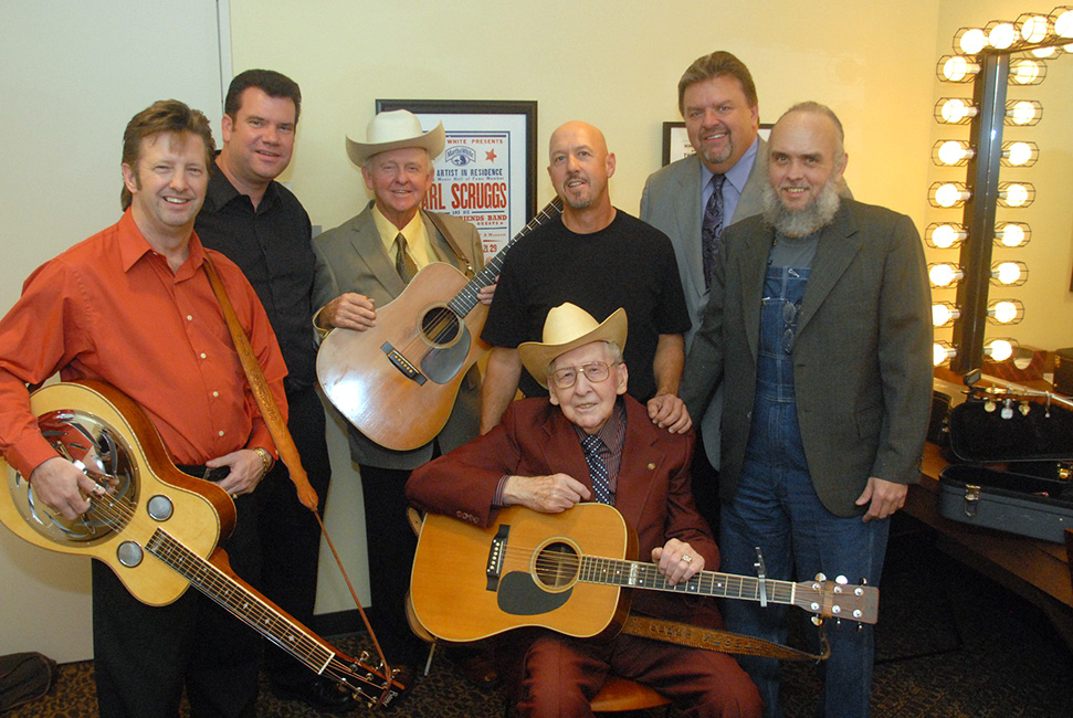 Curley Seckler and Willis Spears at the Bluegrass Music Hall of Fame & Museum: Tim Graves, Kent Blanton, Willis Spears, Johnny Warren, Curley Seckler, unknown, Larry Perkins - photo © Dan Loftin