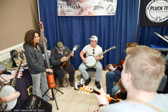 Jamming in the Paige booth at the 2023 Industrial Strength Bluegrass Festival Charity Breakfast - photo © Bill Warren