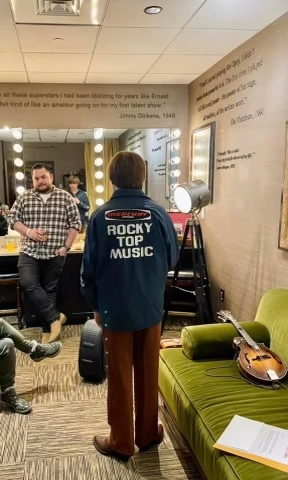 Wyatt Ellis  models Paul Brewster's Osborne Brothers jacket given to for his artist debut on the Grand Ole Opry (11/10/23) - photo by Teresa Ellis