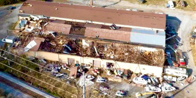 Damage at the building that houses Huber Banjos and Cumberland Acoustic after tornados in Hendersonville, TN (12/11/23)
