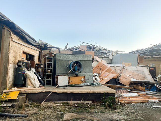 Damage at the building that houses Huber Banjos and Cumberland Acoustic after tornados in Hendersonville, TN (12/11/23)