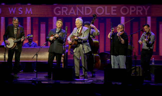 Tony Trischka, Ronnie McCoury, Del McCoury, Michael Cleveland, and Jason Carter at the 100th Birthday Celebration for Earl Scruggs at The Ryman Auditorium (1/6/24) - photo © Bryce LaFoon