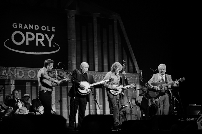 Jason Carter, Jim Mills, Sam Bush, Alan Bartram, and Del McCoury at the 100th Birthday Celebration for Earl Scruggs at The Ryman Auditorium (1/6/24) - photo © Bryce LaFoon