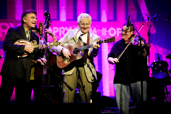 Ronnie McCoury, Alan Bartram, Del McCoury, and Michael Cleveland at the 100th Birthday Celebration for Earl Scruggs at The Ryman Auditorium (1/6/24) - photo © Bryce LaFoon