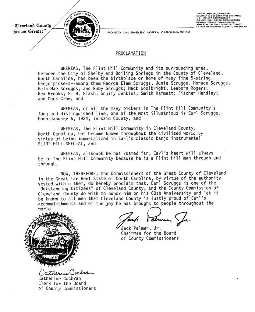 Proclamation from Cleveland County Commission marking Earl Scruggs' 60th birthday