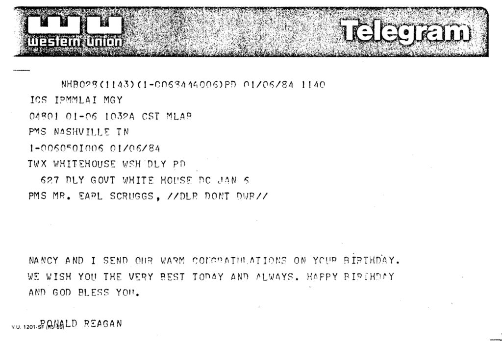 Telegram from Ronald and Nancy Reagan marking Earl Scruggs' 60th birthday