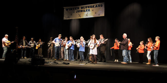 YAM alumni jamming with Authentic Unlimited and Shannon Slaughter at 2024 Winter Bluegrass Jubilee – photo © G Nicholas Hancock