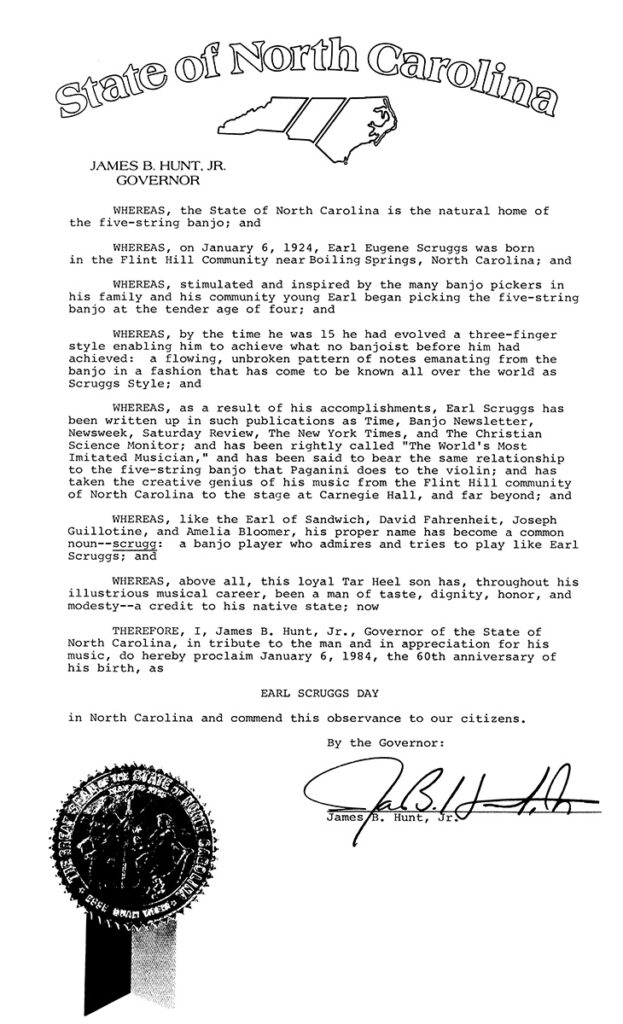 Proclamation from the state of North Carolina marking Earl Scruggs' 60th birthday