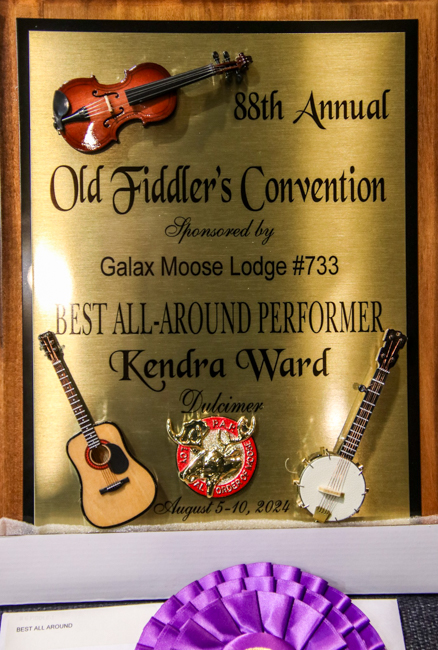 The award for Best All-Round Performer went to Kendra Ward at the Galax Old Fiddlers' Convention 2024 – Photo © G Nicholas Hancock