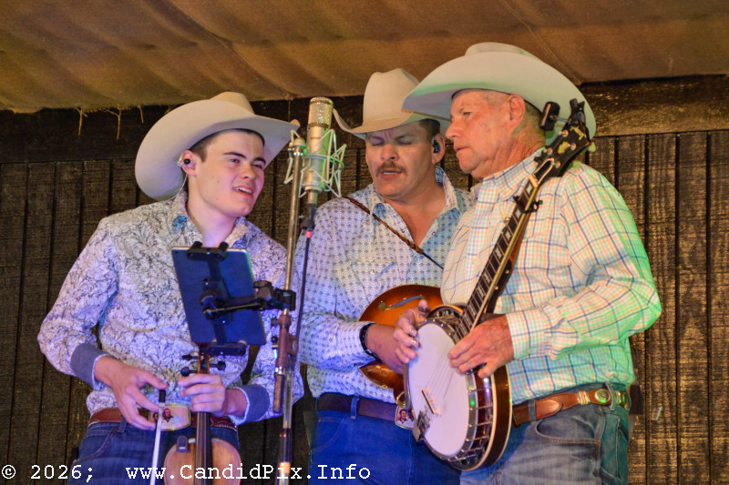 Ian Lane, Alton Padgett, and Tippen Padgett with Ian Lane & Southern Flavor at the 2026 Palatka Bluegrass Festival - photo © Bill Warren