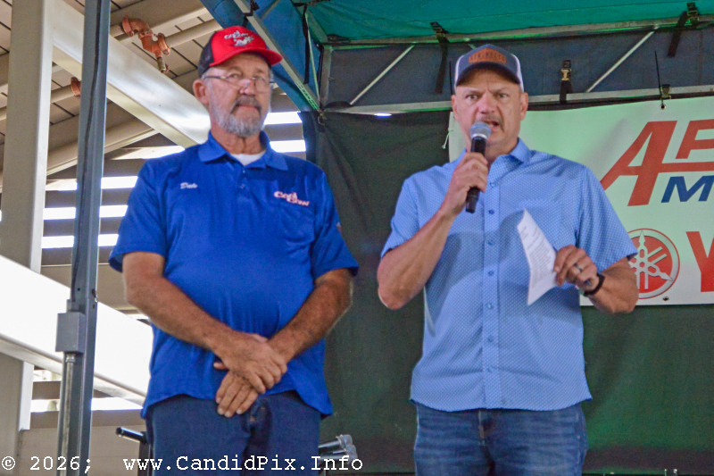 Dale McClellan and CJ McClellan welcome everyone to the 2026 Big Bass Bluegrass & BBQ festival in Inverness, FL - photo © Bill Warren