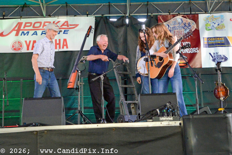 Little Roy Lewis committing shenanigans with Mountain Highway at the 2026 Big Bass Bluegrass & BBQ festival in Inverness, FL - photo © Bill Warren