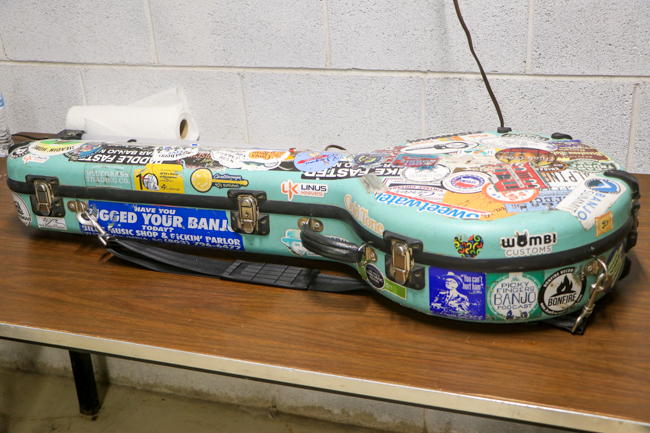 Banjo case in the greenroom at the 2026 Tony Rice Memorial MusicFest - photo © G. Nicholas Hancock
