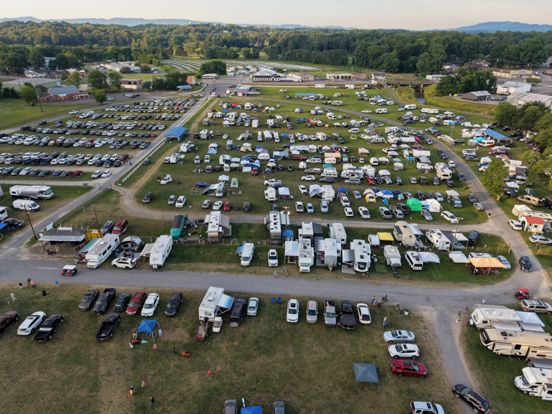 Aerial view of part of the camping area and general parking area at the 2026 Mount Airy Fiddlers' Convention - photo © G. Nicholas Hancock
