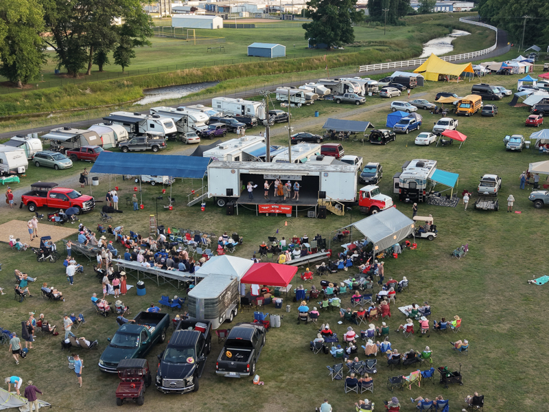 Aerial view of the stage area at the 2026 Mount Airy Fiddlers' Convention - photo © G. Nicholas Hancock