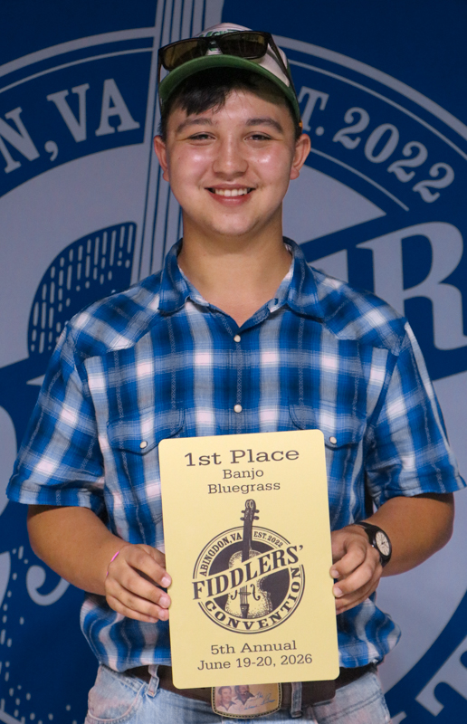 Berkley Stewart, 1st Place Adult Bluegrass Banjo, at the 2026 Abingdon Fiddlers' Convention - photo © G. Nicholas Hancock