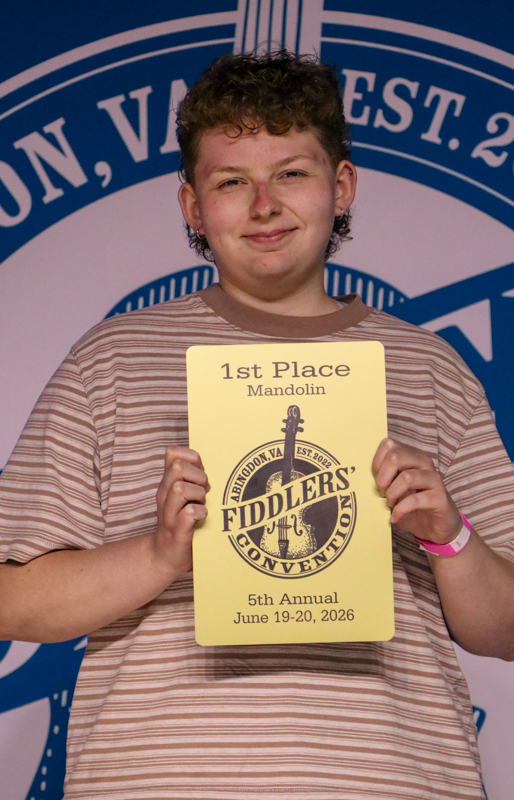 Claire Childress,, 1st Place Adult Mandolin, at the 2026 Abingdon Fiddlers' Convention - photo © G. Nicholas Hancock