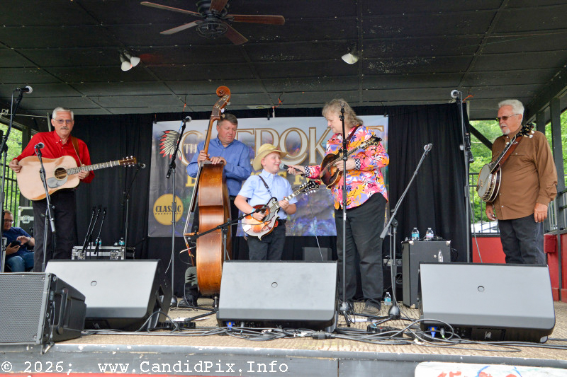 Ren Fulcher on mandolin with Lorraine Jordan & Carolina Road at the 2026 Cherokee Bluegrass Festival - photo © Bill Warren