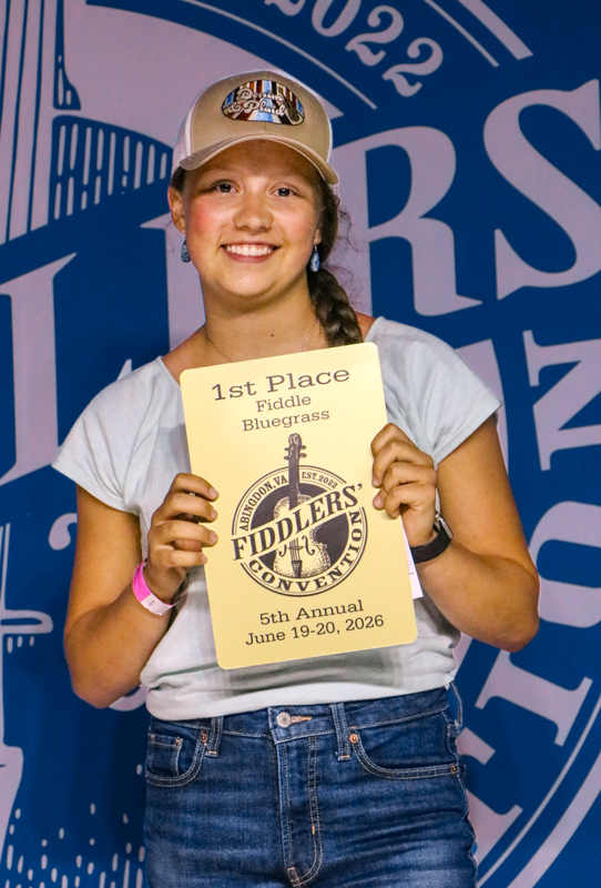 Hollace Oakes, 1st Place Adult Bluegrass Fiddle, at the 2026 Abingdon Fiddlers' Convention - photo © G. Nicholas Hancock