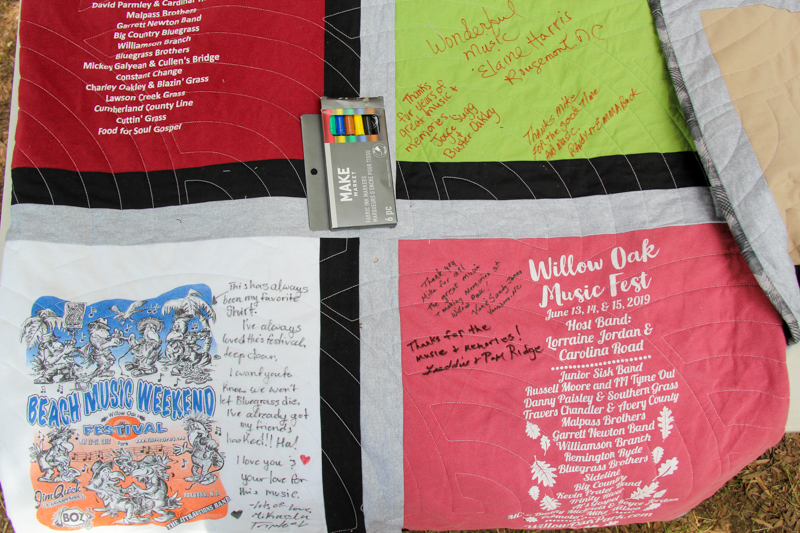 Signed T-shirt quilt given to promoter Mike Wilson by his family at the 2026 Willow Oak Bluegrass Festival - photo © Laura Ridge