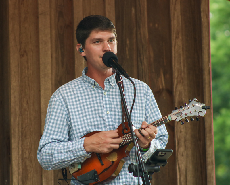 Adam Miller with Lonesome River Band at the final Willow Oak festival in June 2026 - photo © Laura Ridge