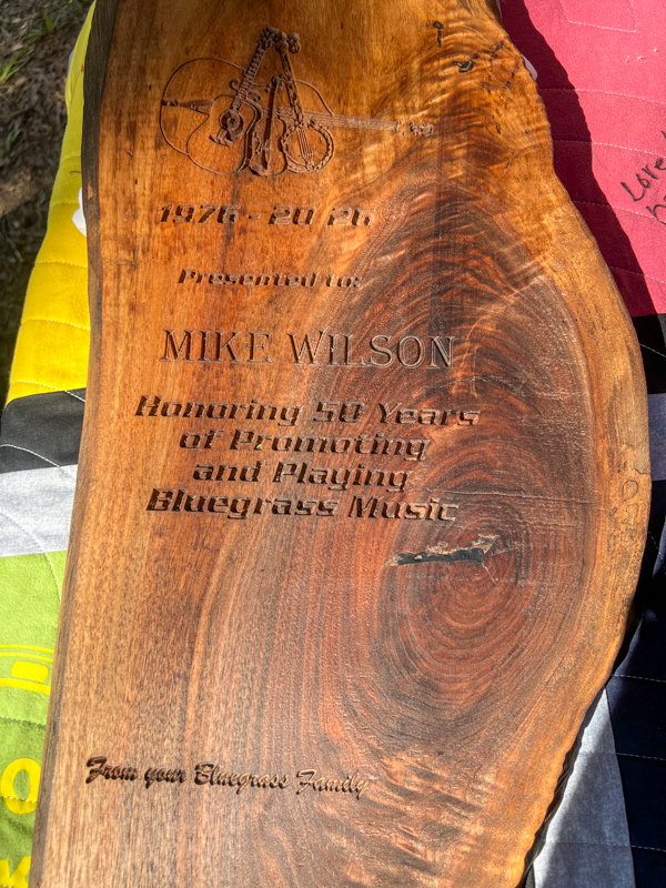 Plaque made by Barrett Wilson for his father, promoter Mike Wilson, at the final Willow Oak festival - photo © Sandy Hatley