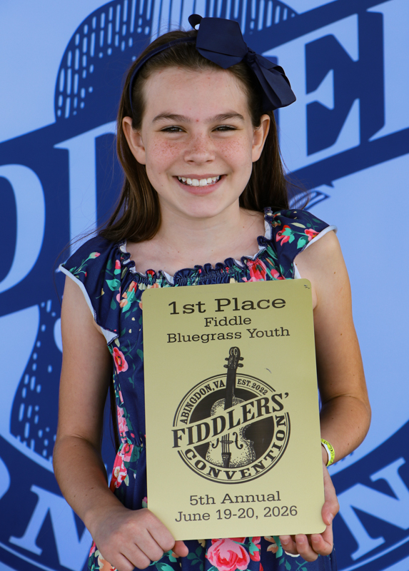 Lydia Walls, 1st Place Youth Bluegrass Fiddle, at the 2026 Abingdon Fiddlers' Convention - photo © G. Nicholas Hancock